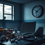 Flick International Dimly lit medical room with prescription pills and a stethoscope, illustrating risks of abortion pills.