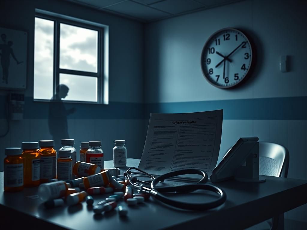 Flick International Dimly lit medical room with prescription pills and a stethoscope, illustrating risks of abortion pills.