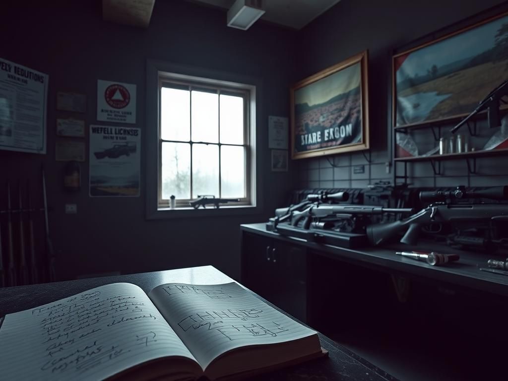Flick International A dimly lit gun shop showcasing rows of firearms, emphasizing a prominent sniper rifle and automatic weapon amidst a tense atmosphere.
