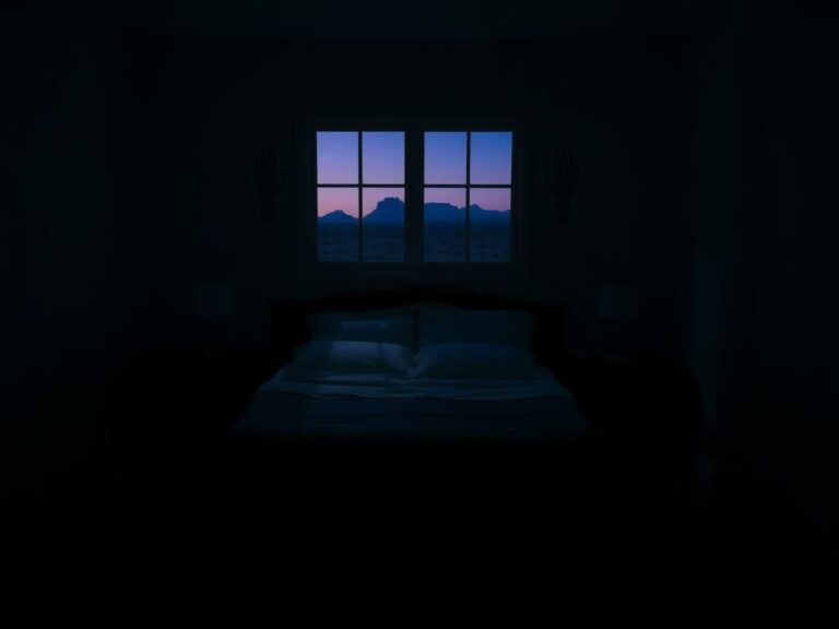 Flick International Dimly lit bedroom scene with eerie stillness and hands artistically pinned to the wall