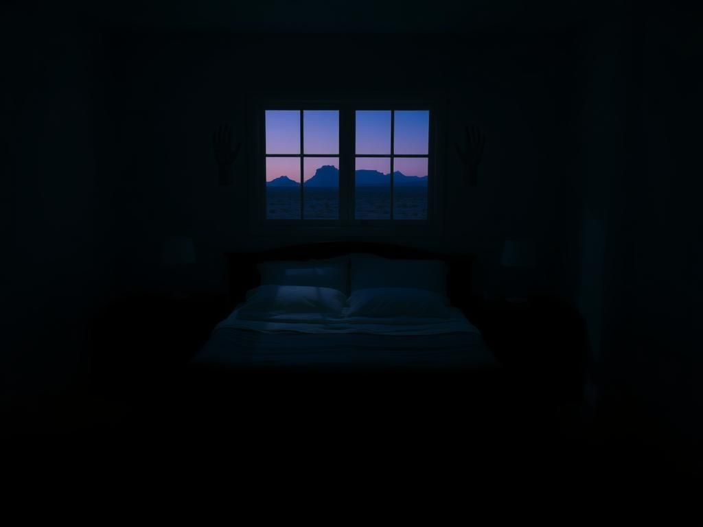 Flick International Dimly lit bedroom scene with eerie stillness and hands artistically pinned to the wall