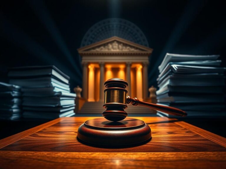 Flick International Dramatic close-up of a Supreme Court bench with gavel, legal books, and papers