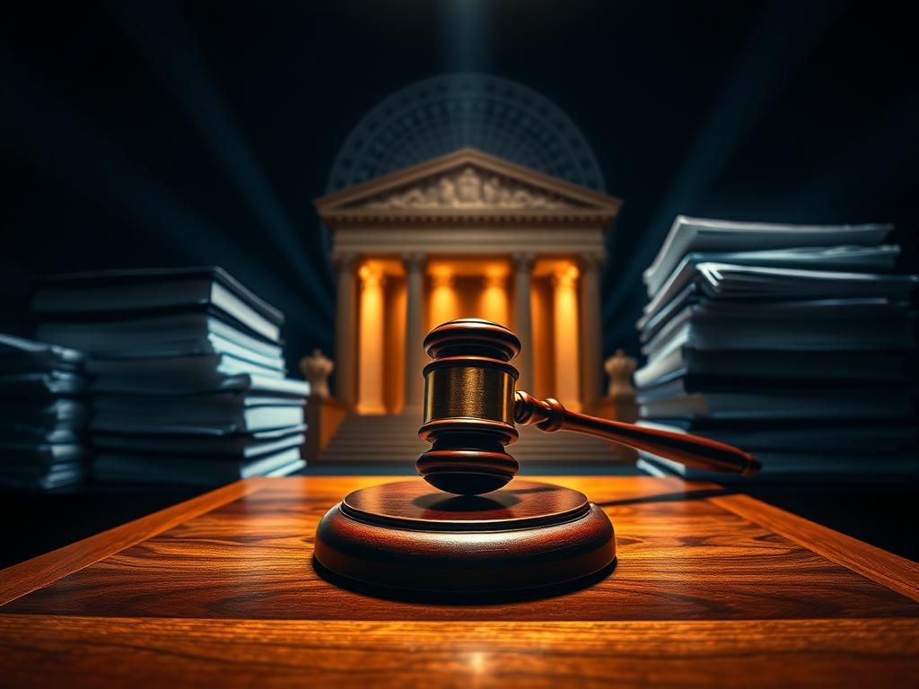Flick International Dramatic close-up of a Supreme Court bench with gavel, legal books, and papers