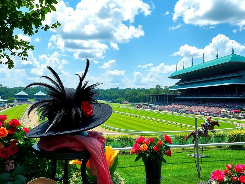Flick International Vibrant scene at the Kentucky Derby featuring extravagant hats and a lush landscape
