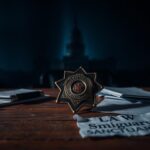 Flick International A sheriff's badge on a weathered desk with immigration law documents