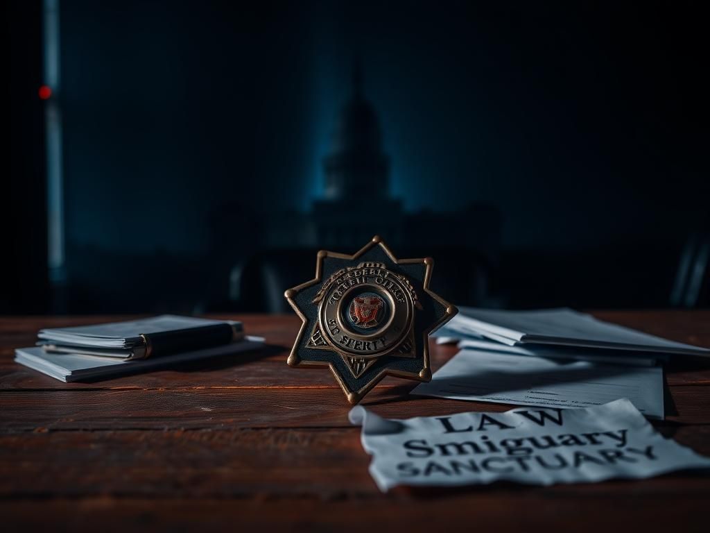 Flick International A sheriff's badge on a weathered desk with immigration law documents