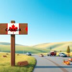 Flick International A serene landscape depicting the U.S.-Canada border with a wooden signpost and trade goods symbolizing interdependence.