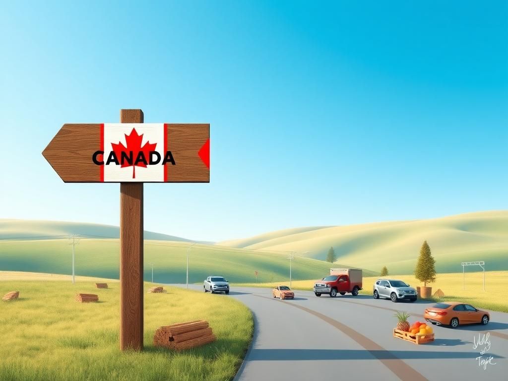 Flick International A serene landscape depicting the U.S.-Canada border with a wooden signpost and trade goods symbolizing interdependence.