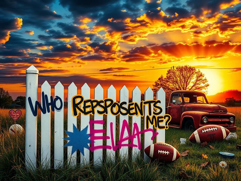 Flick International Colorful collage symbolizing racial identity and absurdity in America featuring a white picket fence and graffiti