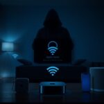 Flick International Dimly lit living room showcasing Apple devices including Apple TV, Bose speaker, and iPhone, with a silhouette of a hacker in the background.