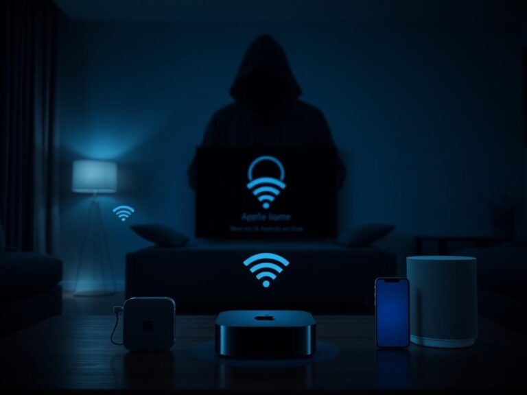 Flick International Dimly lit living room showcasing Apple devices including Apple TV, Bose speaker, and iPhone, with a silhouette of a hacker in the background.