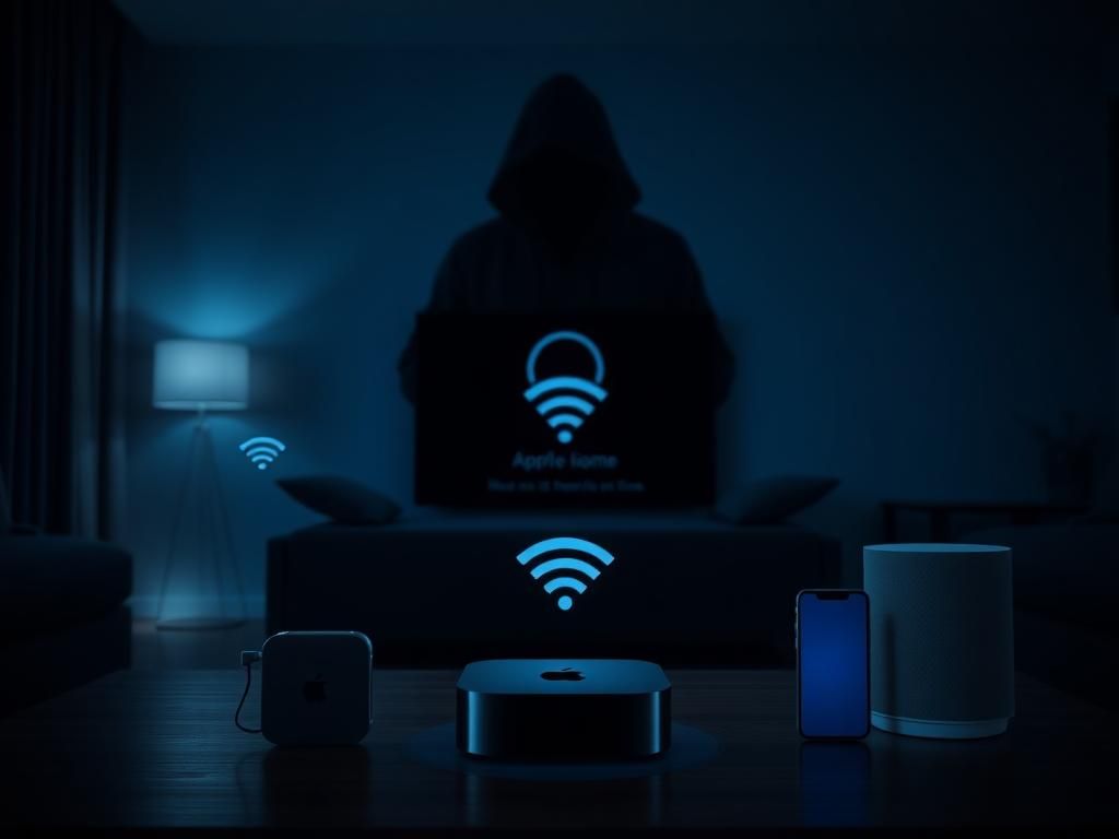 Flick International Dimly lit living room showcasing Apple devices including Apple TV, Bose speaker, and iPhone, with a silhouette of a hacker in the background.