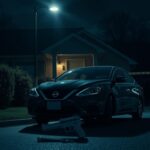 Flick International Dark scene of a suburban home at night with a flickering porch light and suspicious black Nissan car.