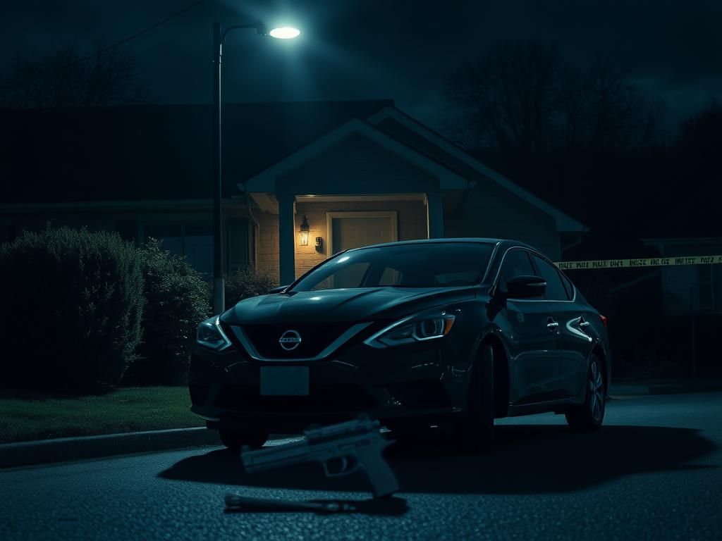 Flick International Dark scene of a suburban home at night with a flickering porch light and suspicious black Nissan car.
