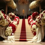 Flick International Grand staircase at the Met Gala adorned with lush floral arrangements