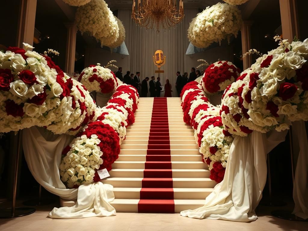 Flick International Grand staircase at the Met Gala adorned with lush floral arrangements