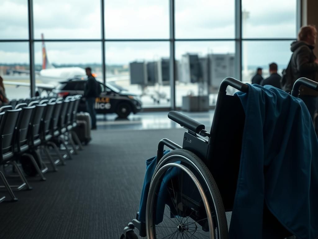 Flick International Abandoned wheelchair at airport boarding gate highlighting accessibility issues