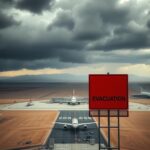 Flick International Aerial view of Sana’a International Airport with warning sign during conflict situation
