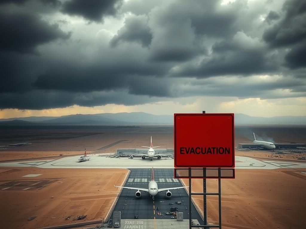 Flick International Aerial view of Sana’a International Airport with warning sign during conflict situation