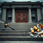 Flick International Empty stone steps leading to courthouse with gavel and legal documents symbolizing justice and corruption