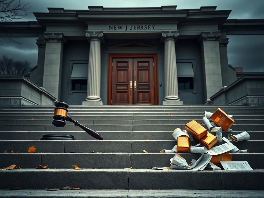 Flick International Empty stone steps leading to courthouse with gavel and legal documents symbolizing justice and corruption