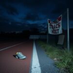 Flick International Abandoned running shoes on a desolate high school track field at dusk