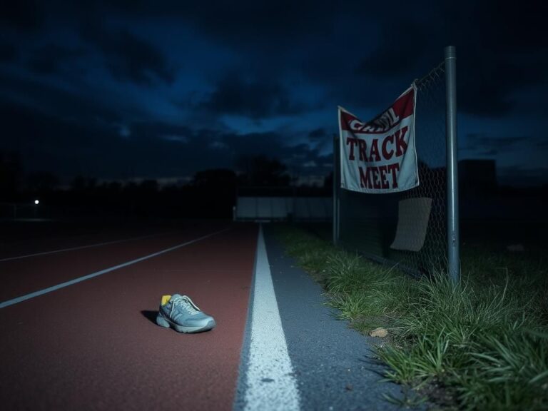 Flick International Abandoned running shoes on a desolate high school track field at dusk