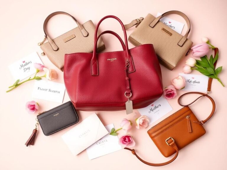 Flick International A flat lay of stylish purses and wallets arranged on a pastel background for Mother's Day