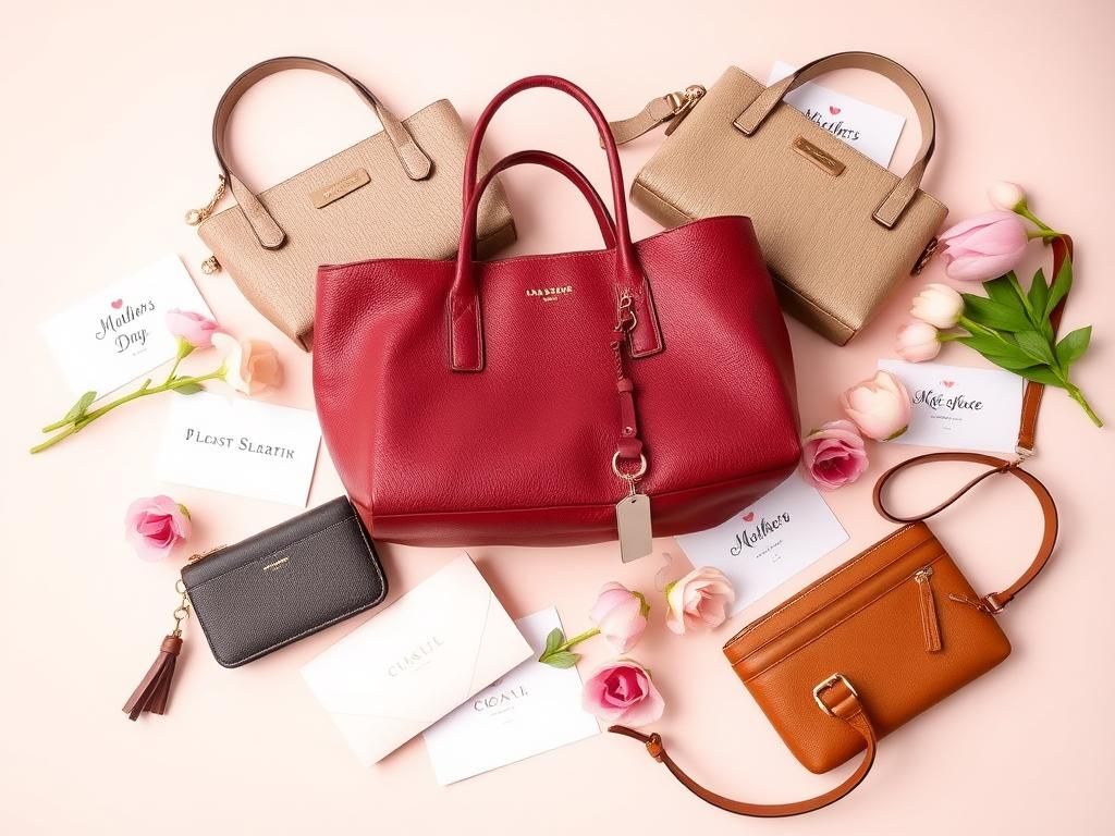 Flick International A flat lay of stylish purses and wallets arranged on a pastel background for Mother's Day