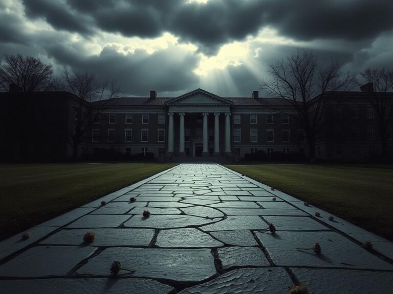Flick International Somber scene of a university building with dark storm clouds overhead