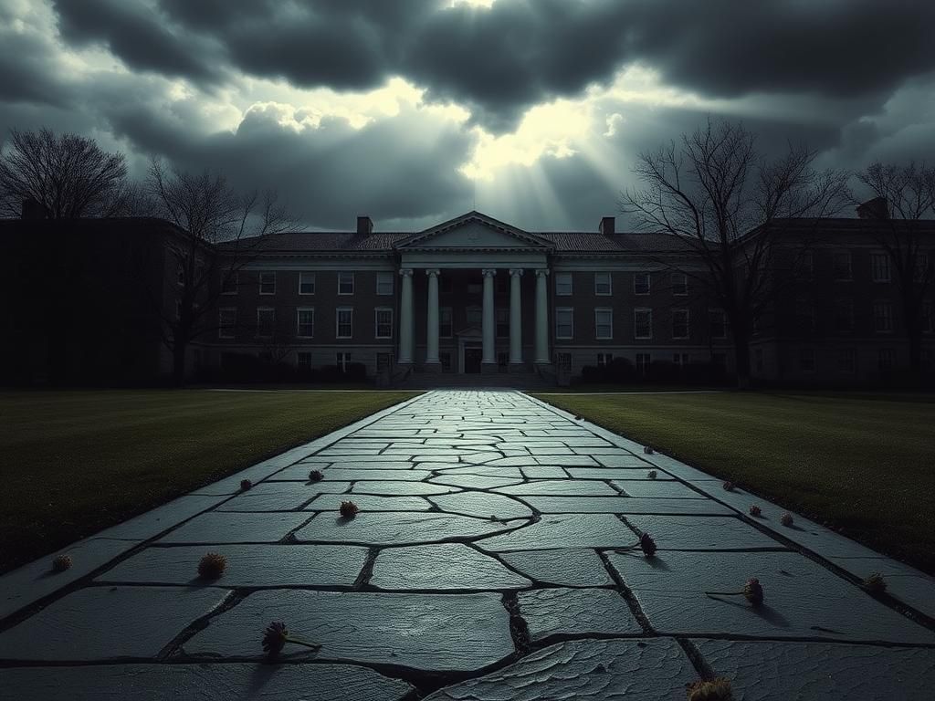 Flick International Somber scene of a university building with dark storm clouds overhead
