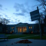 Flick International Dusk scene featuring Columbia University architecture with dimmed library lights