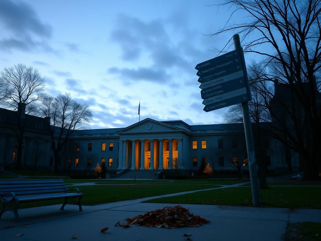 Flick International Dusk scene featuring Columbia University architecture with dimmed library lights