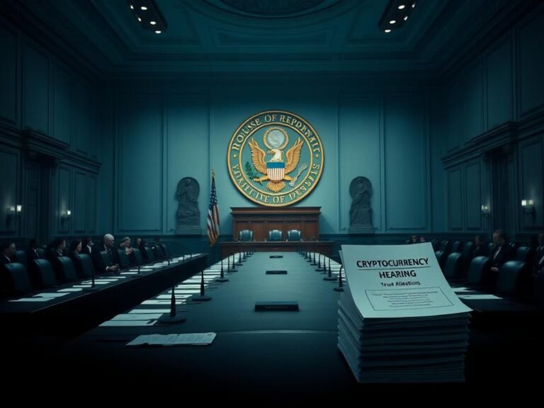 Flick International Dimly lit conference room set for a cryptocurrency hearing with documents and microphones