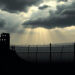 Flick International Abstract representation of a border fence dividing contrasting landscapes symbolizing asylum struggles