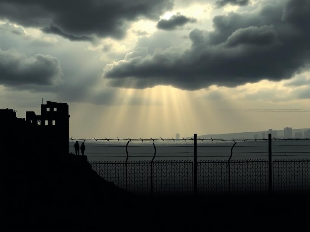 Flick International Abstract representation of a border fence dividing contrasting landscapes symbolizing asylum struggles