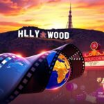 Flick International Vibrant film reel unwinding against Hollywood landmarks