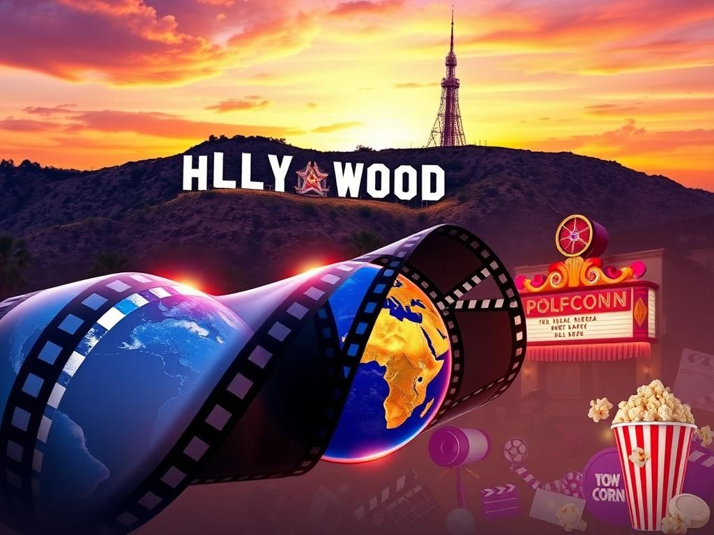 Flick International Vibrant film reel unwinding against Hollywood landmarks