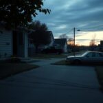 Flick International somber suburban scene at dawn with a shadowed doorway indicating an intrusion