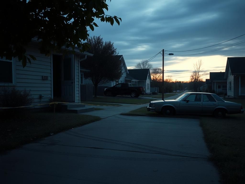 Flick International somber suburban scene at dawn with a shadowed doorway indicating an intrusion