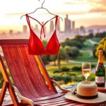 Flick International Elegant Los Angeles skyline at sunset with a luxurious red bikini on a vintage beach chair