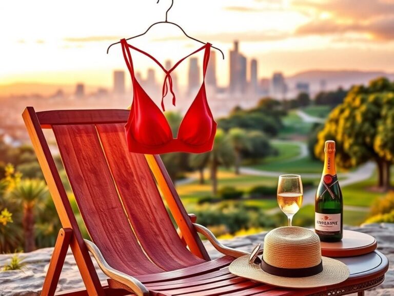 Flick International Elegant Los Angeles skyline at sunset with a luxurious red bikini on a vintage beach chair