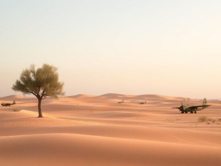 Flick International Serene landscape of Yemen with peaceful olive trees and remnants of military aircraft