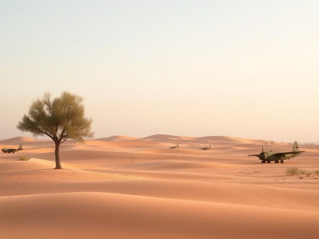 Flick International Serene landscape of Yemen with peaceful olive trees and remnants of military aircraft