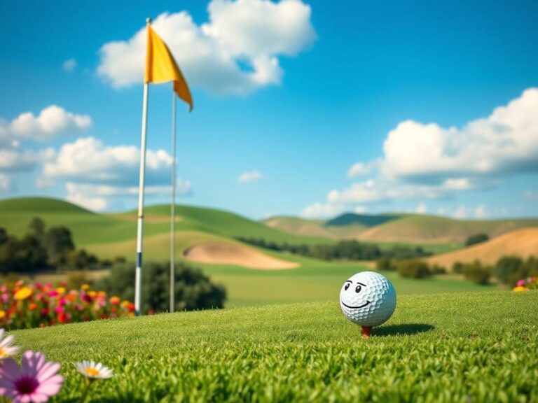 Flick International A vibrant golf course scene with a cartoonish golf ball showing exaggerated expressions.