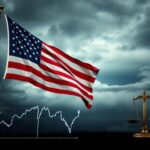 Flick International Large, weathered American flag waving against a stormy sky