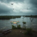 Flick International Turbulent floodwaters engulfing a Texas landscape after heavy rainfall