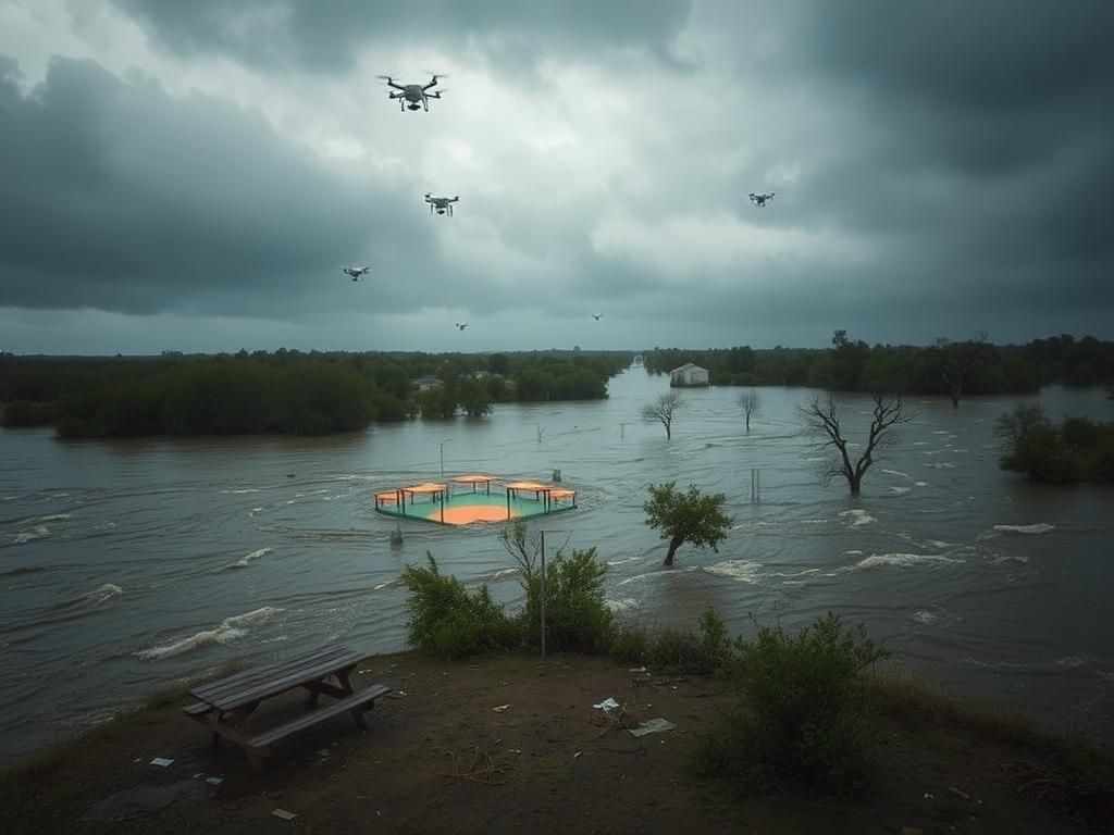 Flick International Turbulent floodwaters engulfing a Texas landscape after heavy rainfall