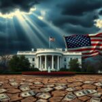 Flick International Dramatic scene of the White House under storm clouds symbolizing uncertainty in Trump's presidency