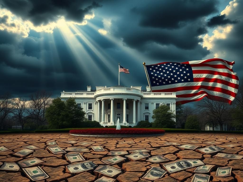 Flick International Dramatic scene of the White House under storm clouds symbolizing uncertainty in Trump's presidency